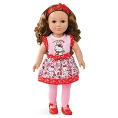 Watch your child play for hours with the My Life As Poseable Hello Kitty Baker 18" Doll. This Doll's outfit features a pink apron with an adorable Hello Kitty screenprint and a scattered bakery-inspired print, a white t-shirt with red ruffle sleeves, pink leggings with a red Hello Kitty bow on the outside of each ankle, a red headband, and red flats. She also has baking accessories to complete her look! Designed with beautiful hazel eyes and with arms and legs that move, your child will have a b Brunette Hair Brown Eyes, Red Hello Kitty, Rest Time, Hello Kitty Bow, Pink Apron, Red Headband, American Dolls, White Collared Shirt, Barbie Stuff