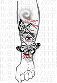 an image of a woman's foot with butterflies on it and the words through her eye