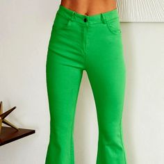 Super Fashion Wide Leg Pants, Trendy Vibrant Color, No Stretch Neon Green Flare Pants, Green Stretch Wide Leg Jeans, Spring Green Wide Leg Jeans, Green Wide Leg Jeans For Spring, Green Mid-rise Cotton Pants, Green Wide Leg Denim Bottoms, Trendy High Waist Green Flare Jeans, Spring High Waist Stretch Flare Jeans, Spring Green Denim Flare Jeans