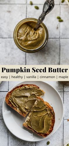 there is a piece of bread with peanut butter on it next to a jar of pumpkin seed butter