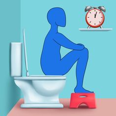 a person sitting on a toilet with an alarm clock in the background