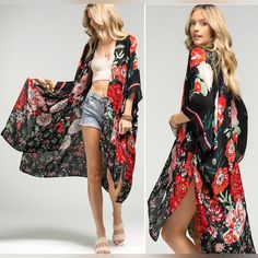 !!! New W/ Tags !!! - "Red Flower Garden" - Exclusive Kimono From One By Onedder - Vibrant Red Floral Print On A Deep Black Background - Gorgeous Rich & Deep Color Scheme - Light Airy Material W/ Side Slits - 100% Viscose Fabric (Considered A Silk Substitute) - Vegan Friendly - Environmentally Friendly - One Size Fits Most - Length: 38" - Width: 40" - (All Measurements Are From The Manufacturer And Are Approximate) Thank You For Shopping Dddonkey !!! Find Our Closet Quickly By Going To... Www.Dd Red Flower Garden, Black Floral Kimono, Madewell Style, Bohemian Kimono, Anthropologie Style, Floral Print Kimono, Beach Kimono, Red Beach, Black Kimono