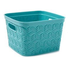 a large blue basket with handles on the bottom and sides, sitting against a white background