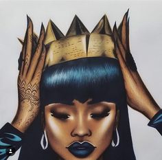 a drawing of a woman with her hands on her head, wearing gold crowns and blue lipstick