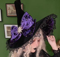 velvet bow knot witch hat veil stars celestial star chain black witch hats halloween cosplay costume hats #hat #witchhat #witchy #masquerade #halloweenhat #halloweencosplay #masqueradehat Witchy Winter Party Costume Hats And Headpieces, Curved Brim Halloween Costume Hats And Headpieces, Gothic Party Hat For Halloween, Curved Brim Costume Hats And Headpieces For Halloween Party, Gothic Halloween Party Hat, Halloween Novelty Costume Accessories With Curved Brim, Witchy Hats For Halloween Costume Party, Witchy Costume Accessories For Carnival Party, Witchy Wide Brim Costume Hat For Party