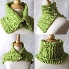 four different views of a green crocheted scarf on a mannequin head