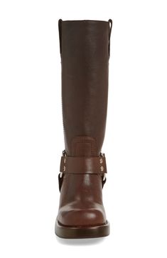 Durable leather and  O-ring details heighten the Western vibe of this tall boot styled with a stacked block heel for added stability. 2 1/2" heel (size 8.5) 12" shaft; 15 1/2" calf circumference Side zip closure Leather upper and lining/rubber sole Imported Western Leather Knee-high Boots With Block Heel, Casual Leather Moto Boots With Block Heel, Casual Leather Mid-calf Boots With Stacked Heel, Brown Mid-calf Leather Boots, Leather Knee-high Boots With Stacked Heel, Rugged Brown Knee-high Boots For Fall, Wide Calf Moto Boots With Stacked Heel For Fall, Wide Calf Leather Moto Boots, Leather Block Heel Moto Boots For Work