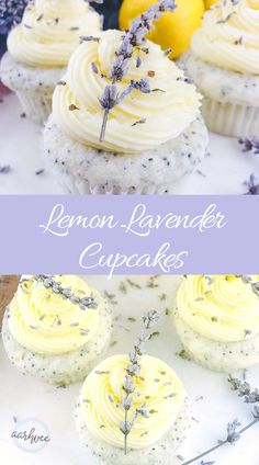 lemon lavender cupcakes with white frosting and lavender sprigs on top