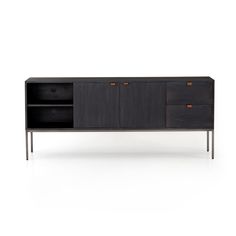 the sideboard with two drawers is shown in black and walnut wood, while one drawer has