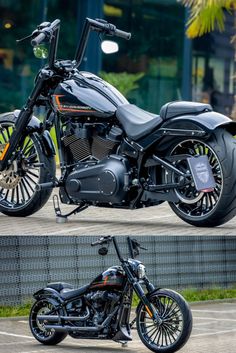 two different views of a black motorcycle parked in a parking lot next to a building