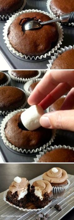 the process of making chocolate cupcakes is shown