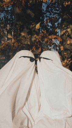 an image of a white cloth draped over the head of a person in front of trees