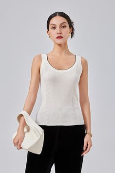 Elevate your wardrobe with the Fibflx Women's White Crewneck Ribbed Silk Knit Top. Expertly crafted from a luxurious blend of mulberry silk and cotton, this top features a distinctive rib knit and elegant wide straps, perfect for enhancing any ensemble. Commuting Outfit, White Crewneck, Silk Knit, Silk Tank Top, Top Crafts, Ribbed Knit Top, Silk Tank, Strap Design, Outfit Style