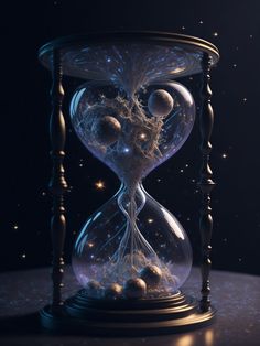 an hourglass with some balls in it on a dark surface and stars behind it