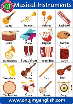 an image of musical instruments in english and spanish language, with the words'music instruments'below it