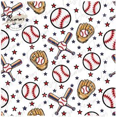 an image of baseballs and mitts on white fabric with stars in the background