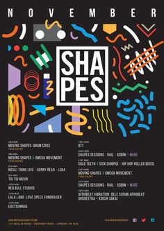 an event poster with the words sha pes in white and colorful shapes on black