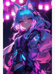 an anime character with blue hair and cat ears in front of pink lights, wearing a purple