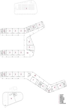 the floor plan for an office building with multiple levels and sections, including two floors