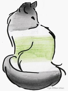 a drawing of a cat sitting on top of a green and white pillow with its eyes closed