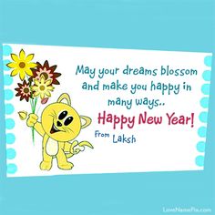 a happy new year card with a cartoon cat holding flowers