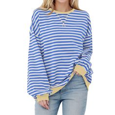 PRICES MAY VARY. 【Material】: Our Women's Oversized Striped Sweatshirt is crafted from high-quality cotton blend fabric, offering superior softness, stretch, breathability, and skin-friendly comfort. Perfect for wearing in Spring, Summer, and Autumn. 【Features】: This Color Block Striped Sweatshirt for women and girls features a crew neck, long sleeves with drop shoulders, and ribbed neck, cuffs, and hem. With its loose fit and unique stripe design, it exudes a trendy and youthful vibe, ideal for Trendy Stuff, Dirndl Outfit, Casual Pullover Sweater, Striped Sweatshirt, Oversize Pullover, Oversized Shirts, Oversized Hoodies, Bandeau Tops, Pull Oversize