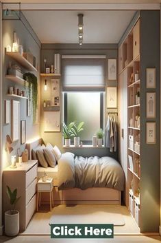 a bedroom with a bed, desk and bookshelf next to a window that reads click here