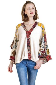 Multicolor V-neck Peasant Top For Fall, Fall Bohemian V-neck Blouse, Bohemian V-neck Top With Boho Print, Bohemian V-neck Peasant Top With Floral Print, Multicolor Floral Print V-neck Peasant Top, Bohemian Flowy V-neck Top, Flowy V-neck Rayon Peasant Top, Bohemian Printed V-neck Tops, Bohemian V-neck Rayon Peasant Top