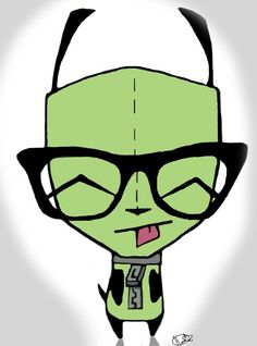 a cartoon character wearing glasses and a green hat with horns on it's head