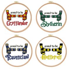 four cross stitch hoops with different sayings in each one, and the words proud to be written on them