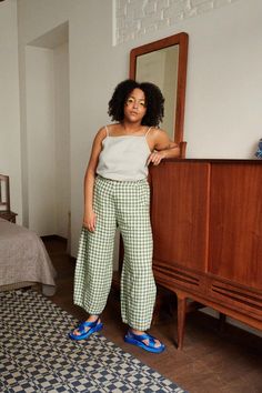 Frankie Green Gingham Trousers Linen Pants Linen Trousers Gingham Linen Trousers - Etsy Linenfox Clothes, Casual Gingham Wide Leg Bottoms, Casual Wide Leg Gingham Bottoms, Summer Plaid Straight Pants, Plaid Straight Pants For Summer, Casual Gingham Ankle-length Pants, Gingham Wide Leg Cotton Bottoms, Summer Plaid Loungewear Pants, Gingham Cotton Wide Leg Bottoms