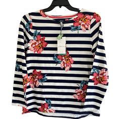 Joules Cream Navy Striped Floral Knit Long Sleeve T Shirt Spring Striped Long Sleeve Knit Top, Spring Striped Tops With Floral Print, Blue Long Sleeve Cotton Knit Top, Casual Striped Long Sleeve Top For Spring, Multicolor Casual Long Sleeve Top For Spring, White Cotton Long Sleeve Knit Top, Casual Multicolor Long Sleeve Top For Spring, White Long Sleeve Cotton Knit Top, Casual White Long Sleeve Top For Spring