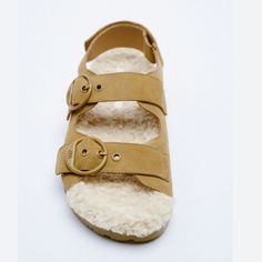 New With Tags Straps Sandals Like Birkenstock Style Made With Real Leather Size Usa 6 But They Also Fit For Size 7 Winter Sandals Super Warm And Cozy I Love Offers Casual Brown Footbed Sandals With Ankle Strap, Casual Camel Sandals With Round Toe, Casual Brown Ankle Strap Footbed Sandals, Zara Beige Leather Sandals, Zara Beige Casual Sandals, Zara Casual Beige Sandals, Casual Beige Zara Sandals, Winter Sandals, Straps Sandals