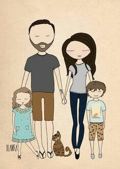 an image of a family with two children and a cat in front of them on a beige background