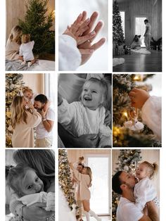 a collage of photos with people and christmas trees in the background, one holding a baby