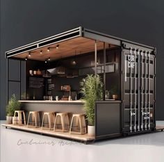 a small bar made out of shipping containers with stools and tables in front of it