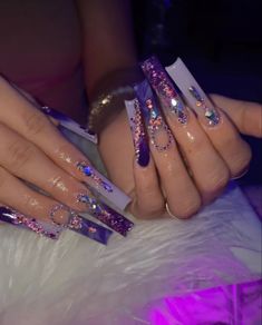 Rhinestone Prom Nails, Prom Nails Purple, Purple Prom Nails, Tapered Square Nails, Retro Nails, Pointed Nails, Stiletto Nails Designs