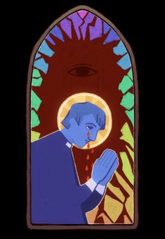 a stained glass window with an image of a man praying