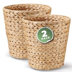 two woven baskets with green numbers on the front and bottom, one has a tag that says 2 pack