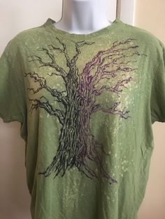 Our Treeshirts feature our art on upcycled shirts and tops, which was all done by hand with no printing involved. Thus, each one is a one of a kind piece of art that you can wear, and are duly numbered in a series, in this case: TR 98. The artwork here was done with bleach, and black and purple permanent inks.  The tag is faded. This top is thought to be an XL but for clarity, these measurements were taken:  Shoulder to shoulder width is 17 7/8 inches Armpit to armpit seam is 21 inches Length from top of top seam in the front of the shirt, to the bottom of shirt: 22 inches Sleeve length is 7 inches. Relaxed Fit Cotton Tops With Custom Artwork, Crew Neck Cotton Top With Custom Artwork, Cotton Crew Neck Top With Custom Artwork, Casual Cotton Tops With Custom Artwork, Vintage Hand-printed Relaxed Fit Top, Vintage Hand Printed Crew Neck Tops, Artistic Cotton Tops For Spring, Hand Painted Short Sleeve Cotton Top, Hand Painted Cotton Short Sleeve Top