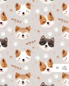 an animal themed wallpaper with dogs and paw prints on grey background, which says woof