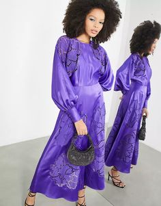 ASOS EDITION cutwork long sleeve satin midi dress in purple | ASOS Asos Maxi Dress, Strappy Maxi Dress, Beach Maxi Dress, Asos Dress, Lightweight Dress, Asos Dresses, Satin Midi Dress, Boho Maxi, Style Maxi Dress