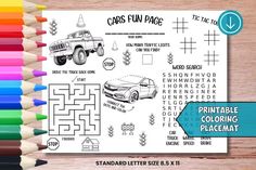 the printable coloring page for cars and trucks is shown with colored pencils next to it