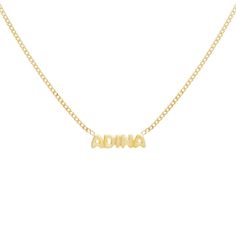 Gold Solid Bubble Name Link Necklace - Adina's Jewels Cheap Trendy Metal Name Necklace, Affordable Statement Name Necklace With Adjustable Chain, Trendy Personalized Gold Name Necklace, Metal Name Necklace With Adjustable Chain, Bubble Name Necklace, Cute Chokers, Bubble Font, Customized Necklace, Silver Link Necklace