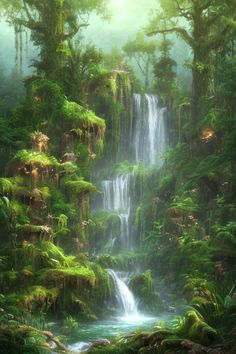 Hidden Waterfall in The Lush Forest Art Print Stolen Focus, Watercolor Hacks, Majestic Waterfall, Creek Garden, Hidden Waterfall, Rocky Cliff, Waterfall Painting, Forest Waterfall