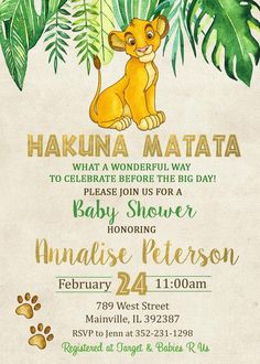 a baby shower is shown with a lion on it's head and palm leaves