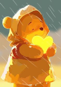 a digital painting of a teddy bear holding a yellow ball in the rain with it's eyes closed