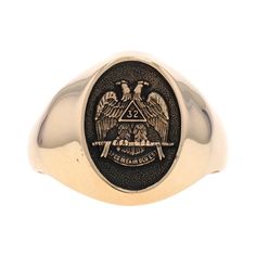 Size: 15 Sizing Fee: Up 3 sizes for $90 or Down 3 sizes for $60 Brand: Jostens Organization: Scottish Rite Metal Content: 14k Yellow Gold Style: Signet Measurements Face Height (north to south): 25/32" (19.2mm) Rise Above Finger: 5/32" (3.4mm) Weight: 17.8 Grams Stamps: 14k, Jostens, © Condition: Pre-Owned Professionally cleaned, polished, and tested to guarantee metal content. Mans Ring, Signet Ring Men, Rise Above, La Face, Signet Ring, Gold Style, Metallica, Jewelry Rings, Rings For Men