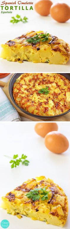 three different views of an omelet on a table with eggs in the background