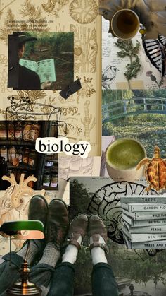 the collage shows many different things in this photo, including books and coffee mugs